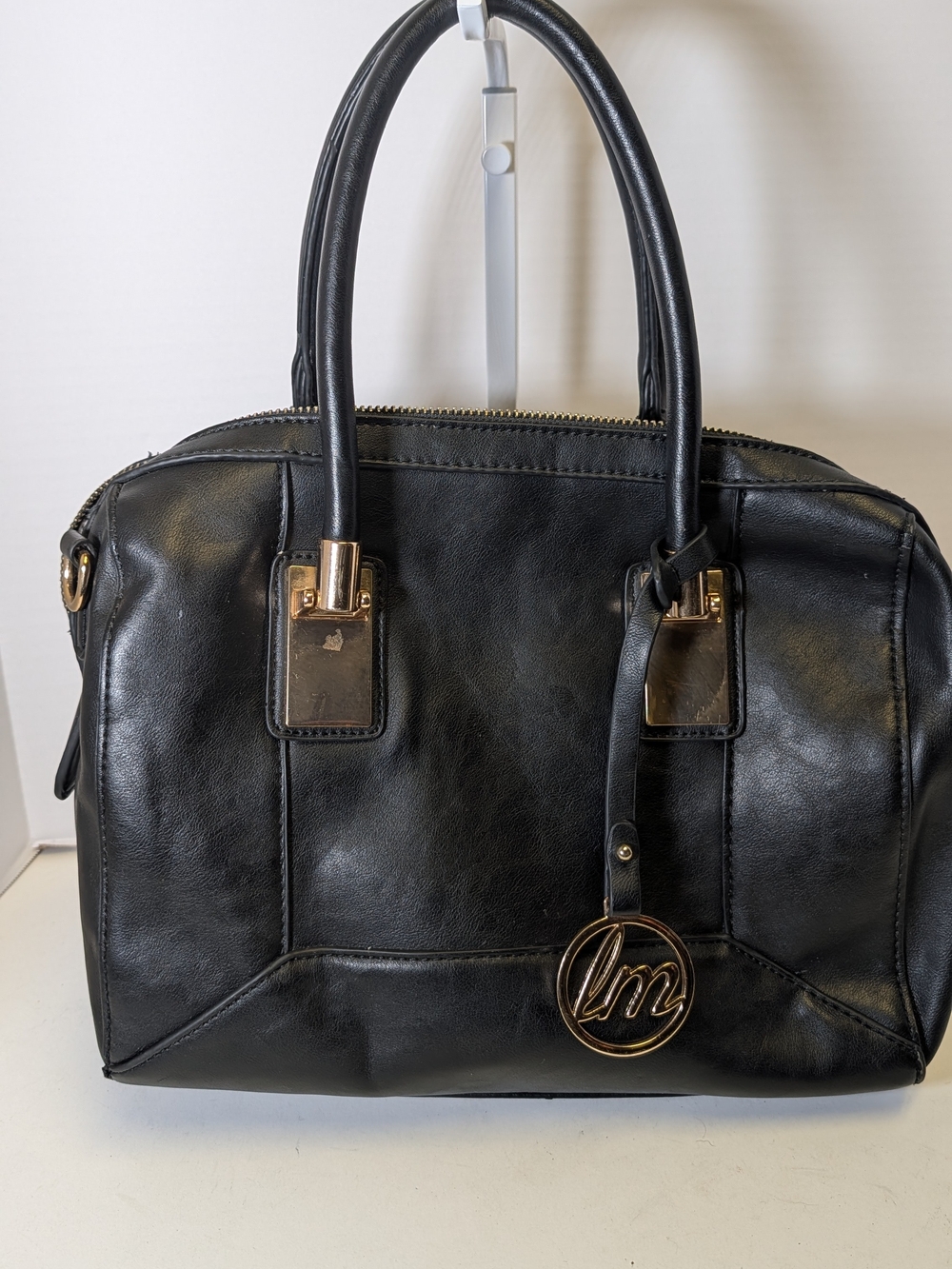 Women's Black Structured Satchel with Gold Accent Charm